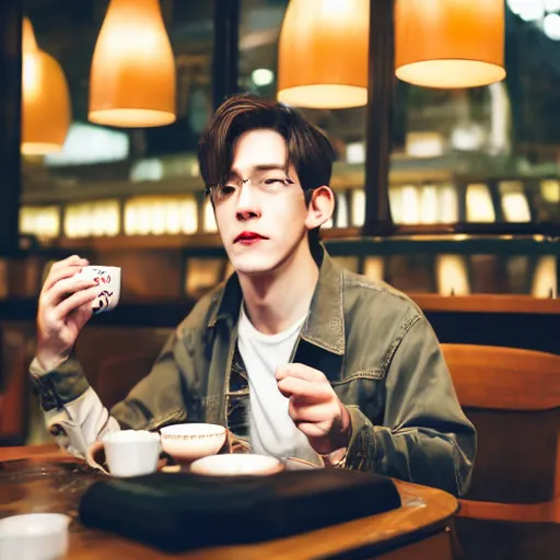 Prompt: an actual picture of byun baekhyun drinking tea in a cafe in downtown new york, photography, 5 0 mm, kodak, uhd 8 k, motion blur,