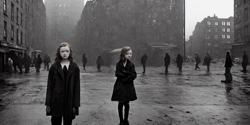 Image similar to sadie sink in hoodie at umbrella stand in ruined square, pedestrians on both sides ignore her, old tenements in background : grainy b & w 1 6 mm film, 2 5 mm lens, single long shot from schindler's list by steven spielberg. cyberpunk, steampunk. cinematic atmosphere and composition, detailed face, perfect anatomy