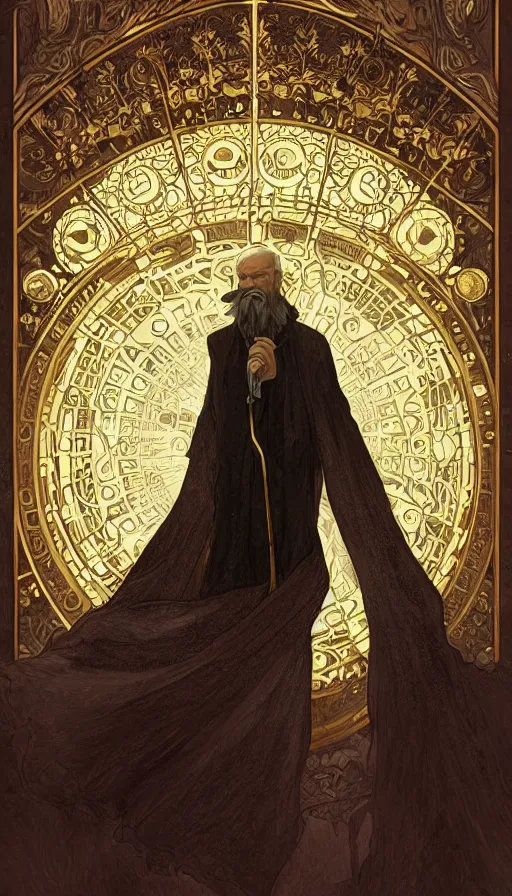 Image similar to an old man with a light, a black cloak and a white beard, highly detailed, very intricate, art nouveau, gold filigree, left right symmetry, tarot concept art watercolor illustration by mandy jurgens and alphonse mucha and alena aenami, featured on artstation