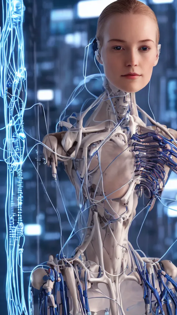 Prompt: photographic shot of a beautiful young android woman looking into the distance, human face and biomechanical muscles and tendons and bones, cables, tubes, incredibly detailed internal mechanism with lots of bright blue microcircuits, natural light falling on her face, focus on her face, cyberpunk, westworld style, medium shot, by annie leibowitz, automated cyberpunk android building lab