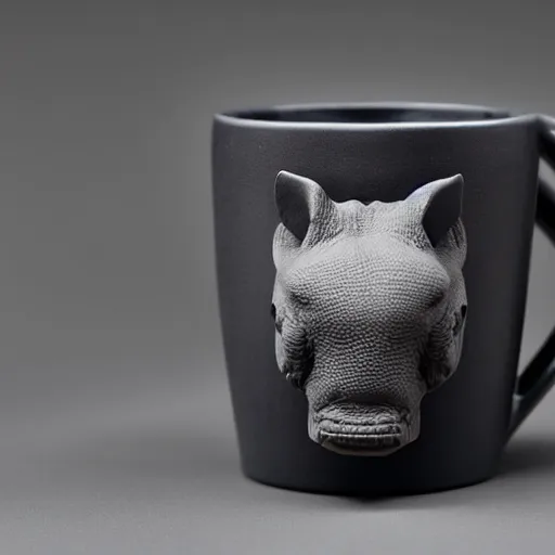 Image similar to a mug with shape of a rhino head, high quality product photography