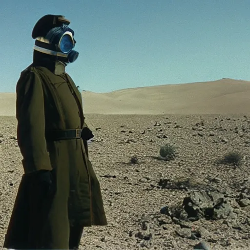 Prompt: an 1 8 0 0's admiral wearing a gasmask, in the desert, film still, arriflex 3 5