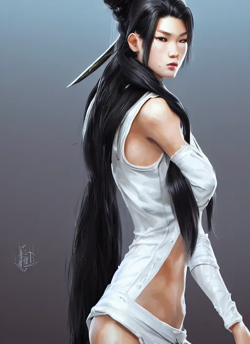 Image similar to a highly detailed illustration of fierce tall amazon messy ponytail black haired one armed delinquent japanese woman wearing uniform white cap wearing long white jacket with cape, muscular, intricate, elegant, highly detailed, centered, digital painting, artstation, concept art, smooth, sharp focus, league of legends concept art, wlop.