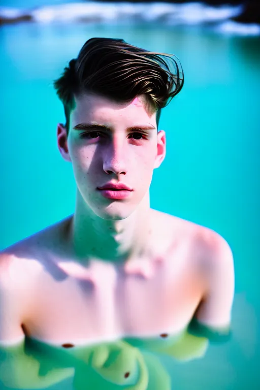 Image similar to high quality pastel coloured film mid angle docu photograph of a beautiful young 2 0 year old male, soft features, short black hair, swimming in an icelandic black rock pool environment. atmospheric. three point light. photographic. art directed. ( pastel colours ). volumetric light. clearcoat. waves glitch. 8 k. filmic.