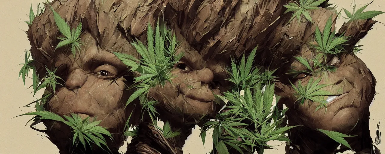 Image similar to duotone concept illustration 3 / 4 portrait of baby groot wearing cannabis hat, hemp, marijuana!, cinematic volumentric lighting, jim cheung, david marquez, mike deodato jr, ilya kuvshinov, makoto shinka, behance hd by jesper ejsing, by rhads, hyper detailed, octane render, concept art, artstation