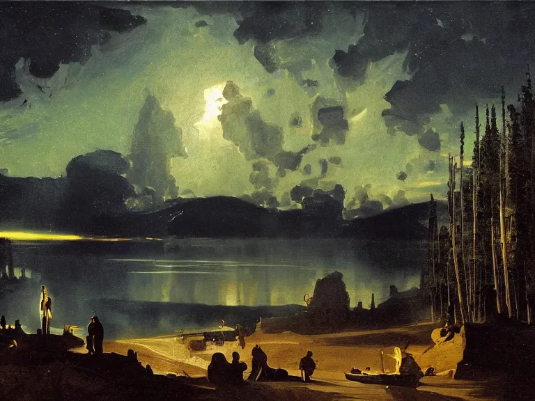 Image similar to an oil painting of a lake of black reflective oil on an alien planet with a distant outpost at dusk with aurora lighting up the sky by carl spitzweg and tuomas korpi. baroque elements, full-length view. baroque element. intricate artwork by caravaggio. Trending on artstation. 8k