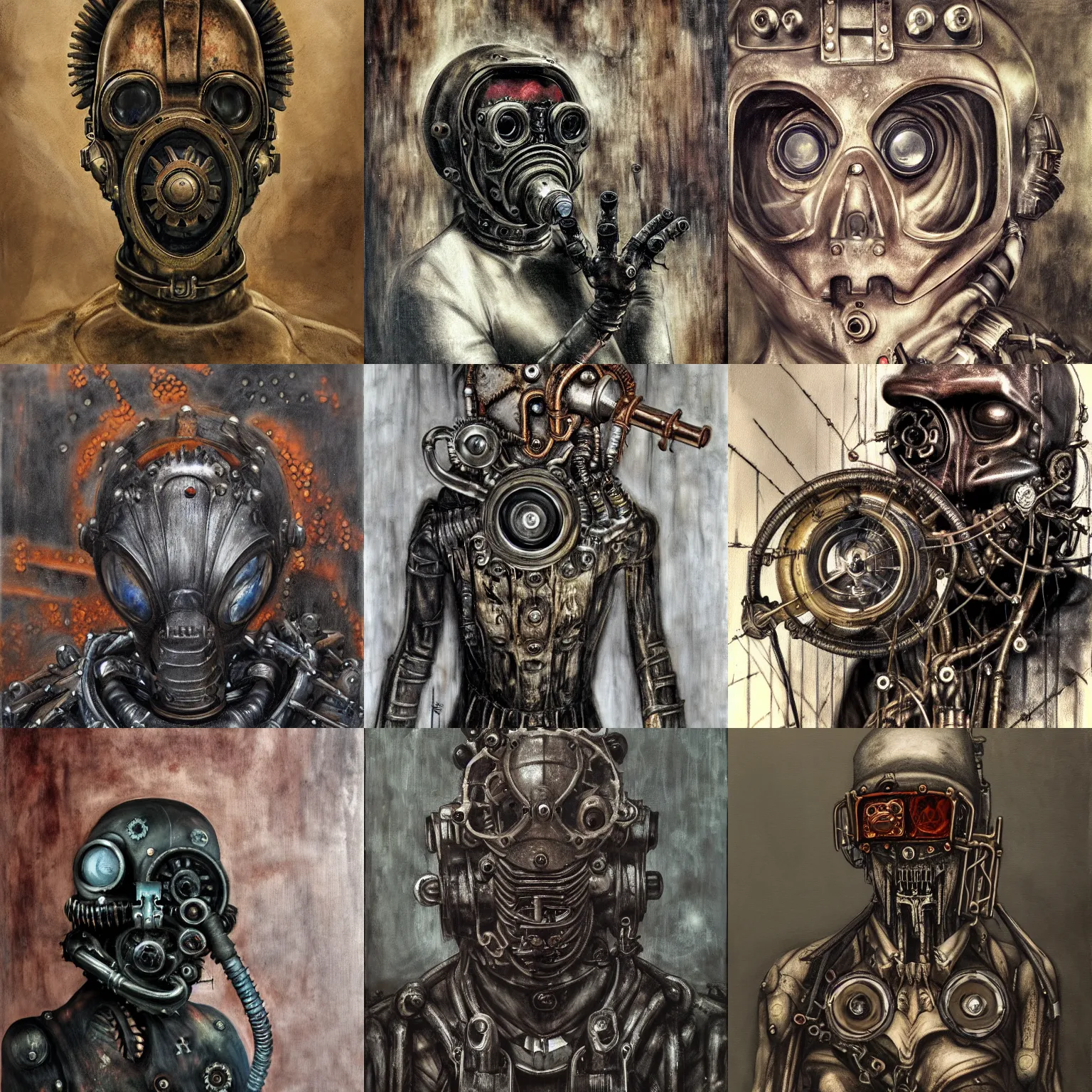 Prompt: dark, gothic, cyber, fantasy, rust, metal, rivets, cogwheel, human, creature, mannequin, machinery, scuba mask, by giger, masahiro ito, junji ito, rough oil paint, underpainting, highlights, john signer sargent