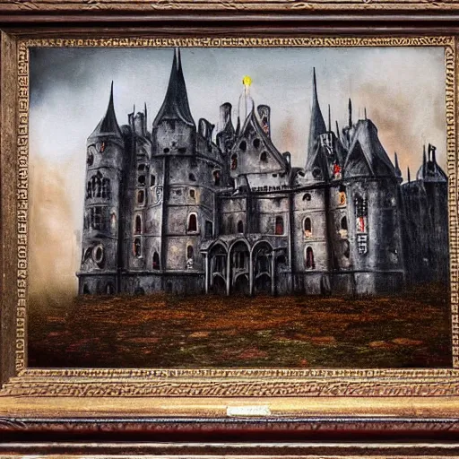 Prompt: dark and eerie gothic castle made of flesh, extremely detailed, oil painting