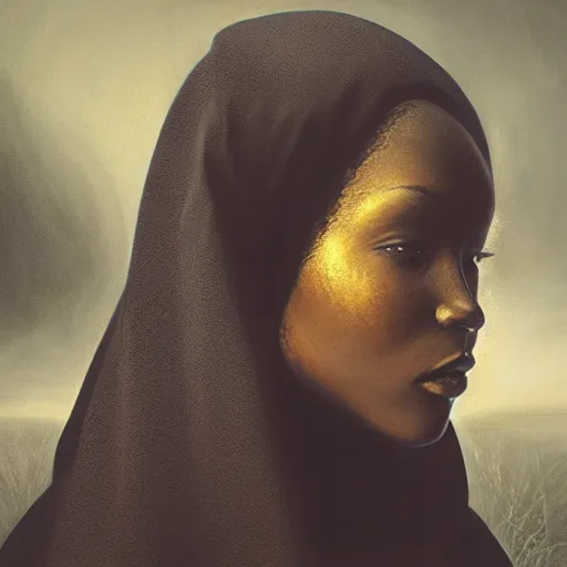 Image similar to a portrait of a young black woman wearing a long dark cloak, hood and shadows covering face, anatomically correct, beautiful perfect face, enigmatic, oil painting, matte painting, black background, Volumetric Golden dappled dynamic lighting, Highly Detailed, Cinematic Lighting, Unreal Engine, 8k, HD, by Beksinski