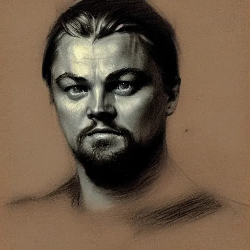 Image similar to portrait drawing of leonardo dicaprio, by ilya repin, russian academicism, charcoal, chalk, mix of hatching and smudging technique, john singer sargent