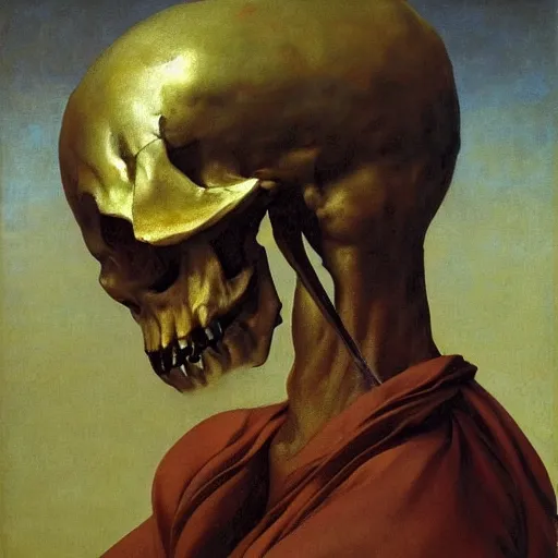 Image similar to Realistic painting of a swordsman with a skull for a face high-detailed oil painting by Ilya Repin, William Blake, Michelangelo da Caravaggio, Alex Grey and Beksinski, masterpiece, 4k