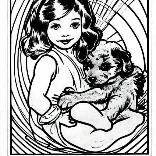 Prompt: clean simple line art of a little girl with wavy curly hair sitting next to a cute puppy. white background. well composed, clean black and white line drawing, beautiful detailed face. illustration by steve ditko and jack kirby and alphonse mucha