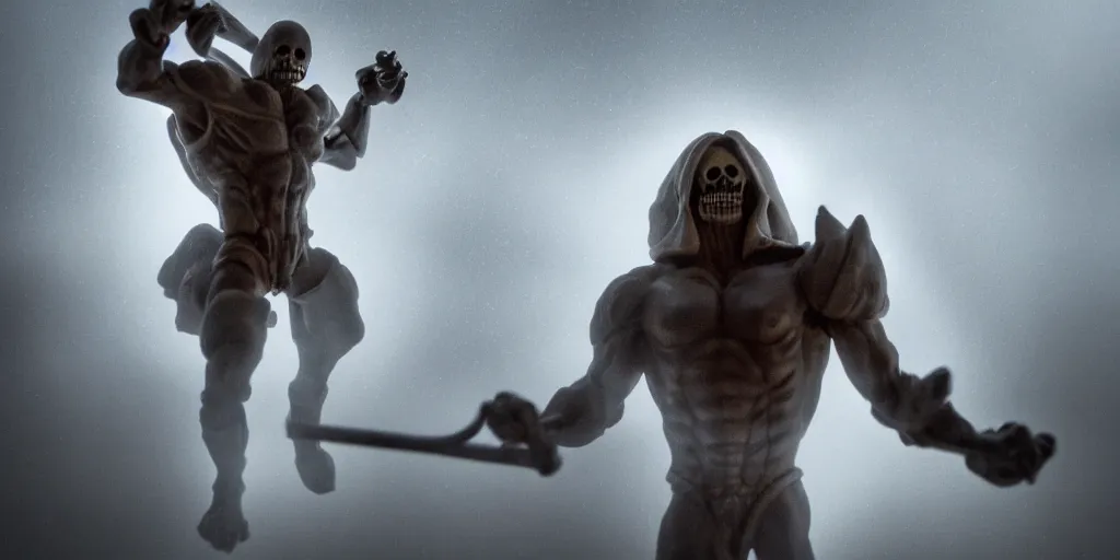 Prompt: skeletor fighting he - man, fog on the ground, heavy rain, lightning, moody lighting, shallow depth of field,