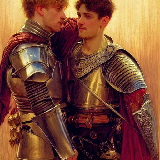 Image similar to attractive arthur pendragon and his attractive male knight, they are in love, natural lighting, path traced, highly detailed, high quality, digital painting, by gaston bussiere, craig mullins, alphonse mucha j. c. leyendecker