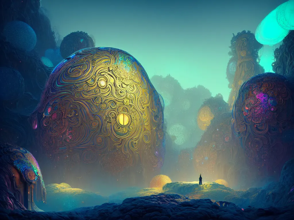 Image similar to iridescent opalescent landscape, warm tones, bioluminescent : by michal karcz, daniel merriam, victo ngai and guillermo del toro : ornate, dynamic, particulate, intricate, elegant, highly detailed, centered, artstation, smooth, sharp focus, octane render