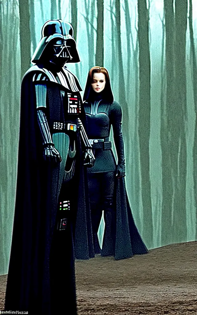Prompt: darth vader anb bella from twillight staying together in front of, on the background star destroyer landed on the wood ground in the twilight saga movie, shot from the twillight movie