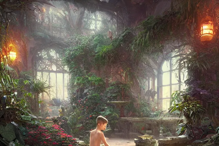 Prompt: a beautiful picture of indoor botanical garden ， boy, by greg rutkowski and thomas kinkade, trending on artstation