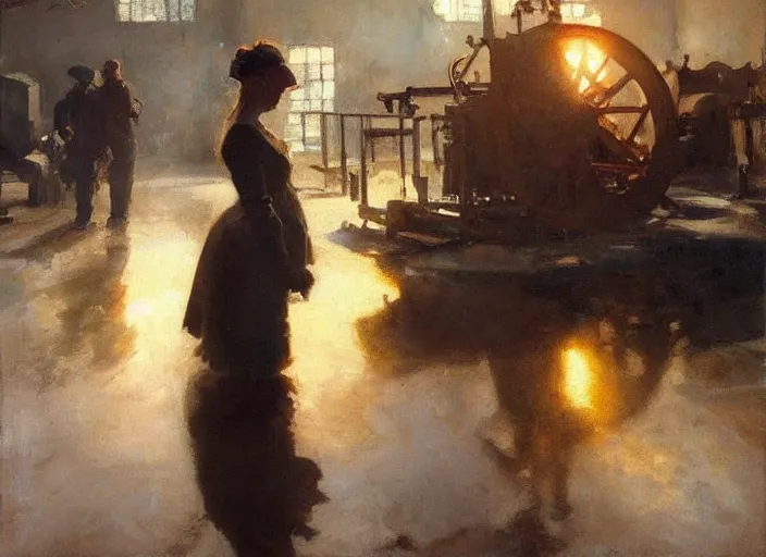 Image similar to oil painting of copper still in factory setting, art by anders zorn, wonderful masterpiece by greg rutkowski, beautiful cinematic light, american romanticism by greg manchess, reflections in copper, sunlight, dust and steam