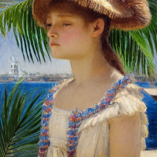 Image similar to a ultradetailed beautiful painting of a girl in the amazonas palace balustrade designed by jules bastien - lepage, hans belmer, frank weston and gustave baumann, beach, trending on artstation, mediterranean, palm trees, refracted color sparkles, sharp focus, soft light, 8 k 4 k