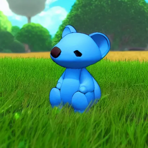 Image similar to a small blue animal sitting on top of a lush green field, a screenshot by ken sugimori, tumblr, toyism, ps 1 graphics, physically based rendering