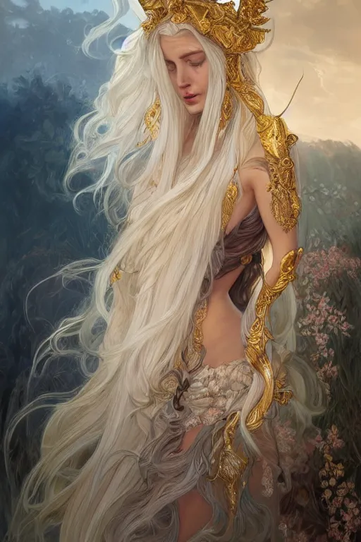 Image similar to fullbody!! of a beautiful woman with long white hair, big natural horns on her head, long flowing intricate dress, gold jewellery, dnd, face, fantasy, intricate, elegant, highly detailed, digital painting, artstation, concept art, smooth, sharp focus, illustration, art by artgerm and greg rutkowski and alphonse mucha