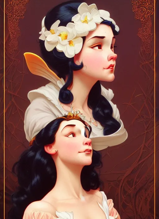 Image similar to portrait of disney snowhite, intricate, elegant, highly detailed, my rendition, digital painting, artstation, concept art, smooth, sharp focus, illustration, art by artgerm and greg rutkowski and alphonse mucha and uang guangjian and gil elvgren and sachin teng, symmetry!!