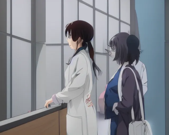 Prompt: a cute and beautiful young female doctor wearing white coat are talking with an old professor in a hospital, slice of life anime, lighting, anime scenery by Makoto shinkai