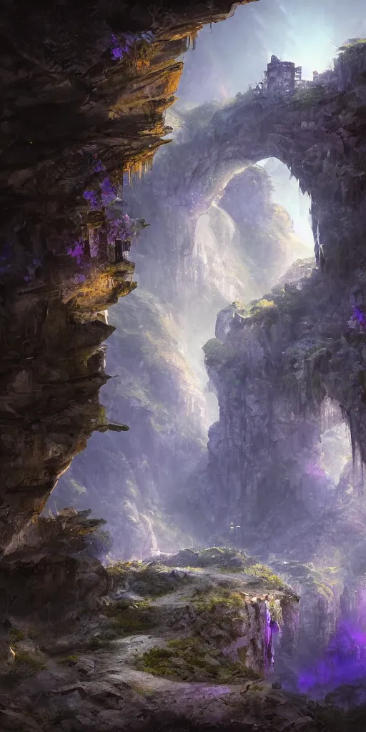 Image similar to Gorge in the mountain, white stone temple ruins, night dramatic lighting, blue and purple tones, wide camera angle, matte painting, trending on ArtStation, concept art, delightful surroundings, high detail, sharp contrast, picturesque