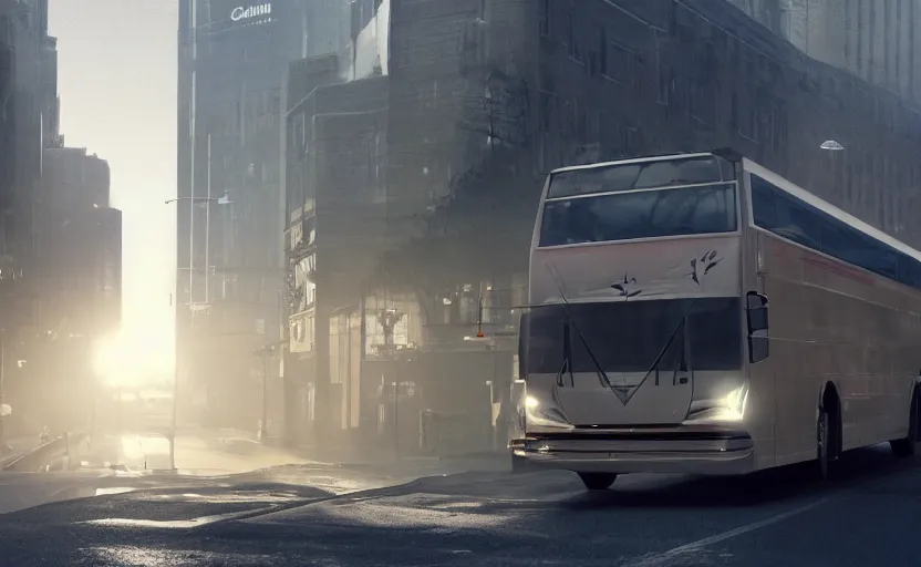 Image similar to exterior traveling greyhound bus circa 2 0 1 5, directed by charlie kaufman ( 2 0 0 1 ) anamorphic lenses, foggy volumetric light morning, cinematic trending on artstation in the style of greg rutkowski