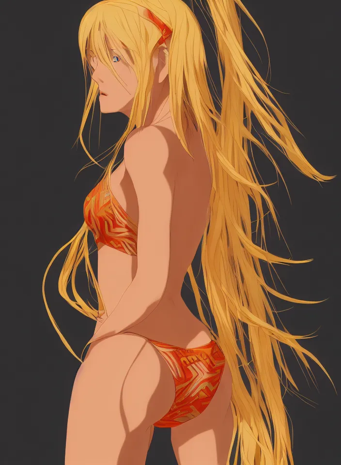 Image similar to beautiful blond woman in orange tribal bikini, long blond hair behind the ear, by makoto shinkai, 8 k, high resolution render, cinematic color grading, clean lineart and flat color,
