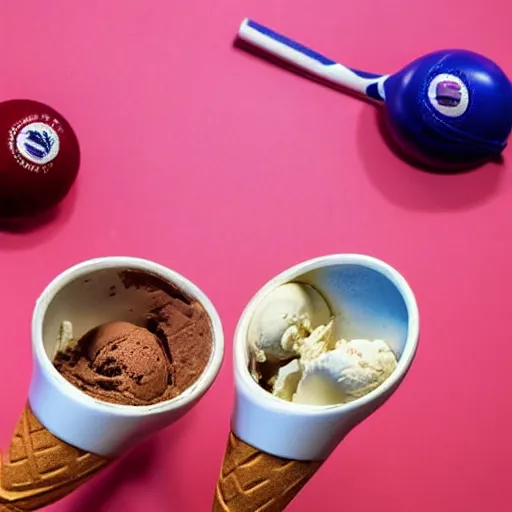 Prompt: three cups of ice cream next to a tennis racket, a stock photo by pia fries, trending on pinterest, lyco art, y 2 k aesthetic, vaporwave, aesthetic