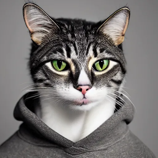 Image similar to a studio photograph of a cat wearing a hoodie,realistic,photorealistic,hyperdetailed,hyperrealistic,detailed face,highly detailed,professional photo,professional lighting,studio photo,studio lighting,digital art,ultra realistic,ultra detailed,art by greg rutkowski