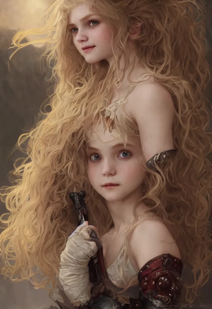 Image similar to portrait of a blonde vampire girl, child, freckles, smiling, messy curly hair, dark leather armor, sword, intricate and very beautiful and elegant, highly detailed, digital painting, artstation, concept art, smooth and sharp focus, cg by tian zi and wlop and alphonse mucha