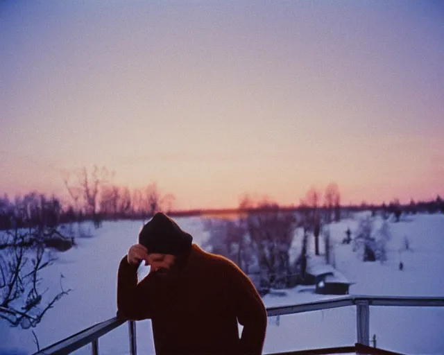 Prompt: lomographic tarkovsky film still of 4 0 years russian man with beard and sweater standing on small hrushevka 9 th floor balcony with cup of tea in winter taiga looking at sunset, cinestill, bokeh