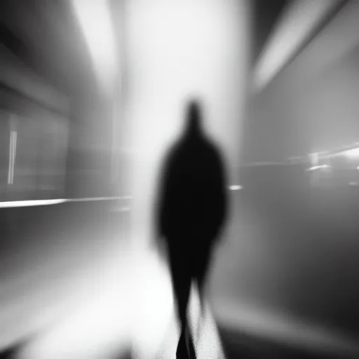 Image similar to an abstract photograph of a lonely male shadowy figure, underwater, there are street lanterns, motion blur, 35 mm, black-and-white
