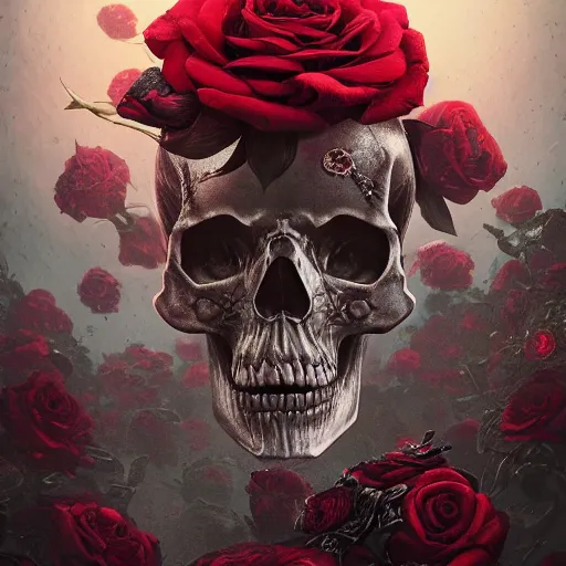 Image similar to skulls and roses, intricate artwork by Tooth Wu and wlop and beeple. octane render, trending on artstation, greg rutkowski very coherent symmetrical artwork. cinematic, hyper realism, high detail, octane render, 8k, red and black tones