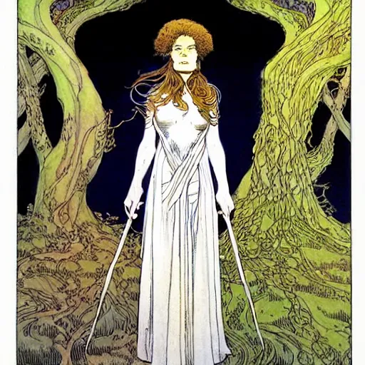 Image similar to a beautiful portrait of sanna!!!!! marin!!!!!, the young female prime minister of finland as a druidic wizard by rebecca guay, michael kaluta, charles vess and jean moebius giraud