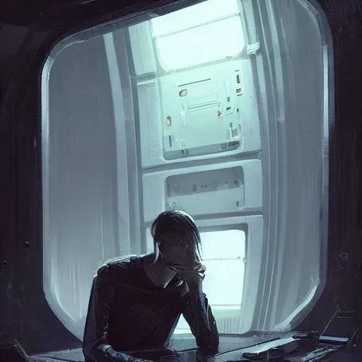 Image similar to concept art by greg rutkowski, a very tall, and slender man with messy blond hair, wearing a black sweater, sitting in the spaceship command bridge, brutalist futuristic interior, dark lighting atmosphere, detailed portraits, nostalgic atmosphere, scifi, digital painting, artstation, concept art, smooth, sharp foccus ilustration, artstation hq