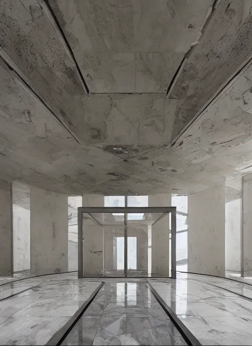 Prompt: “derelict architecture single building , marble flooring, building designed by architect Oscar Niemeyer, architecture digest, building surrounded in a luxury environment, bright tones, fluorescent lighting,volumetric Lighting, photorealism, high detail, golden ratio, cinematic, octane renderer”