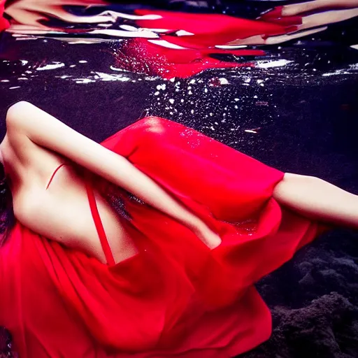 Prompt: beautiful portrait of fashion model in red silk underwater