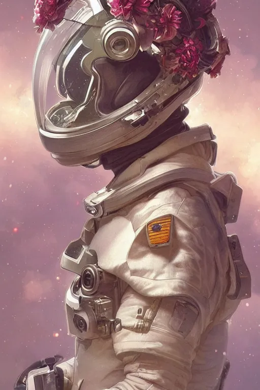 Image similar to ultra realistic illustration, astronaut with flowers blossoming from helmet, elegant, highly detailed, digital painting, concept art, smooth, sharp focus, illustration, art by artgerm and greg rutkowski and alphonse mucha