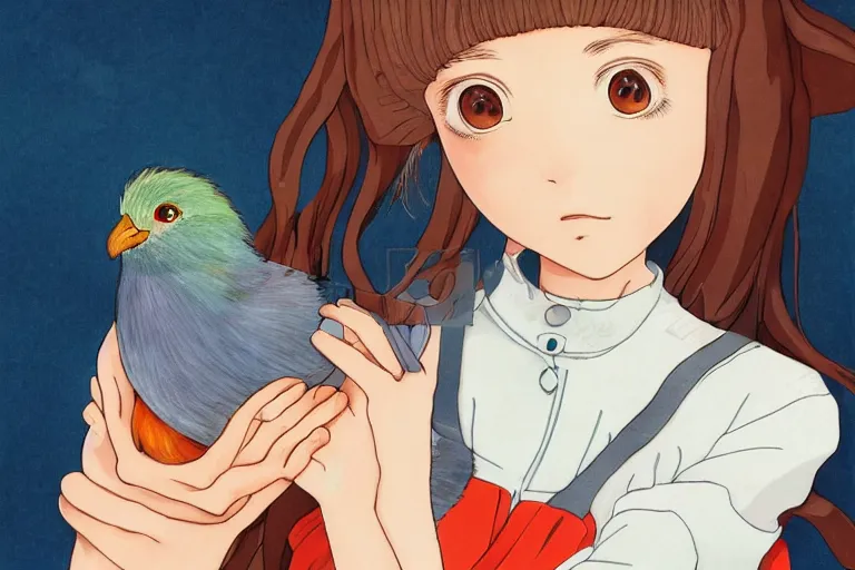 Image similar to young pretty girl holding a bird in her hands, looking touched, Fragile looking character portrait , beautiful scene; highly detailed art, by Studio Ghibli , High contrast, anime art