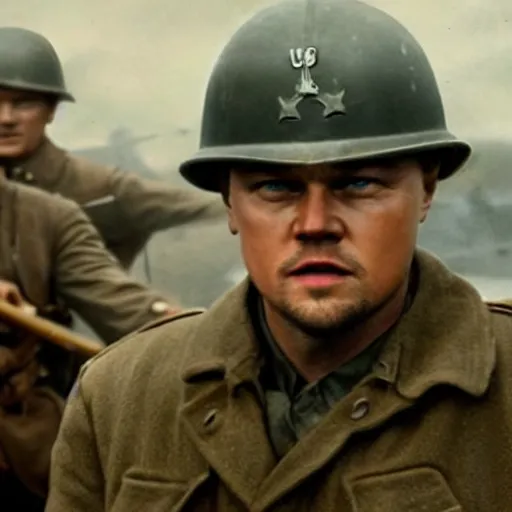 Image similar to leonardo dicaprio as a us ww 2 soldier during the battle of the rhine, cinematic lighting photorealistic highly detailed