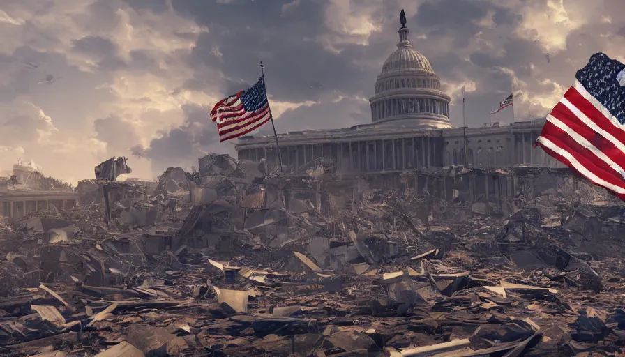 Prompt: us flag flying in the wind in destroyed washington dc city, hyperdetailed, artstation, cgsociety, 8 k