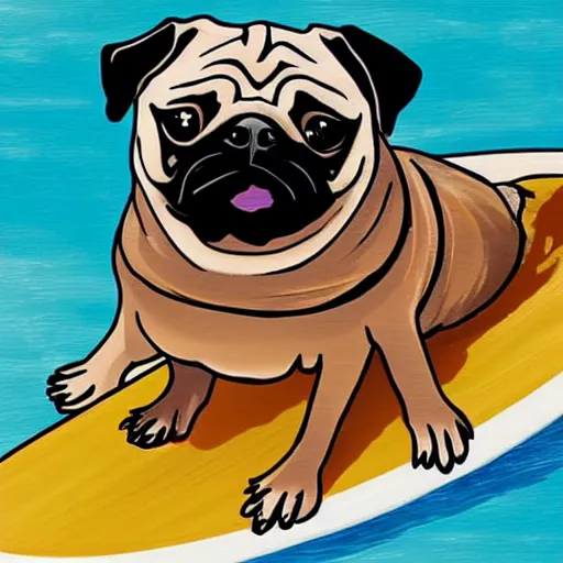 Image similar to pug riding a huge wave on a surf board, mid - summer