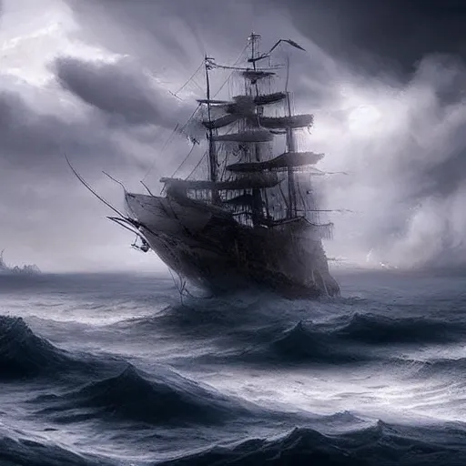 Image similar to large lonely old pirate ship drifting amongst the clouds and fog with heavy dark storm beautiful Concept art