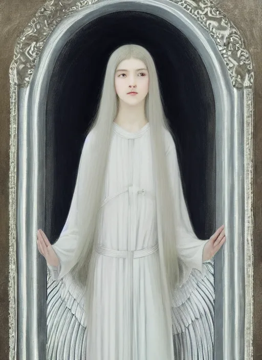 Image similar to thin young beautiful angel with silver hair so long, pale!, wearing white robes!, wearing silver hair, silver angel wings, young adorable korean face, silver hair!!, oil on canvas, style of fernand khnopff, 4 k resolution, aesthetic!,