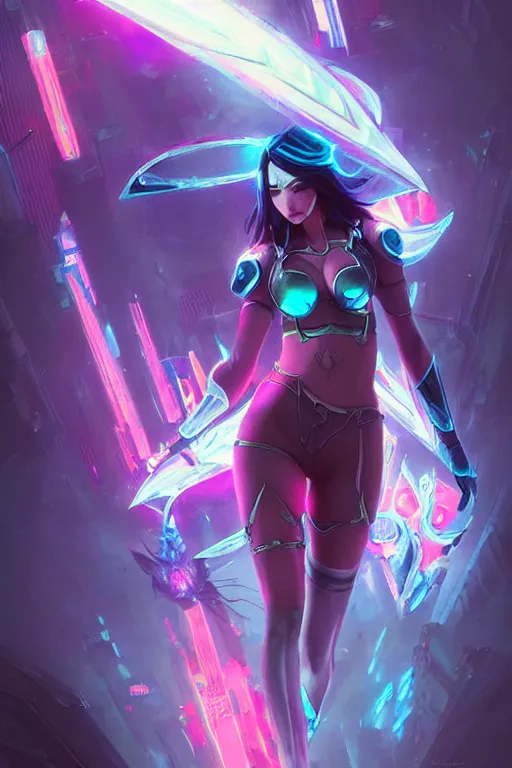 Image similar to irelia from league of legends, cyberpunk futuristic neon. flying blades in air, decorated with traditional japanese ornaments by ismail inceoglu dragan bibin hans thoma greg rutkowski alexandros pyromallis nekro rene maritte illustrated, perfect face, fine details, realistic shaded, fine - face, pretty face, masterpiece