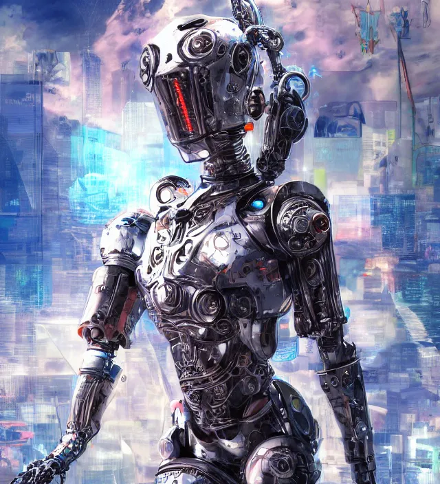 Image similar to hd 3 d rendered graphic novel video game portrait of a cute young robot knight girl complicated synaptic particles angelic deity demon future downtown in ishikawa ken miura kentaro gantz frank miller jim lee alex ross vaporwave technoir style detailed trending award winning on flickr artstation