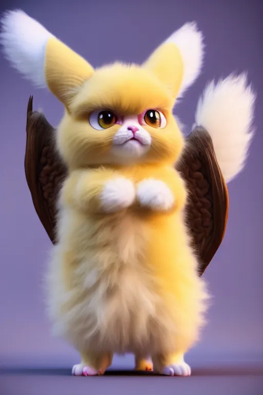 Prompt: high quality 3 d render hyperrealist very cute multipastel fluffy! grumpy griffin cat hybrid with fluffy wings!, vray smooth, in the style of detective pikachu, hannah yata charlie immer, dramatic yellow light, low angle, uhd 8 k, sharp focus